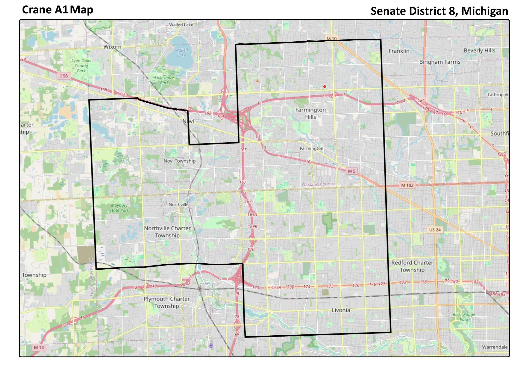 Map of newly redrawn Michigan State Senate District 8, including Farmington, Farmington Hills, Livonia, Northville, Northville Township, and most of Novi (Crane A1 Map)